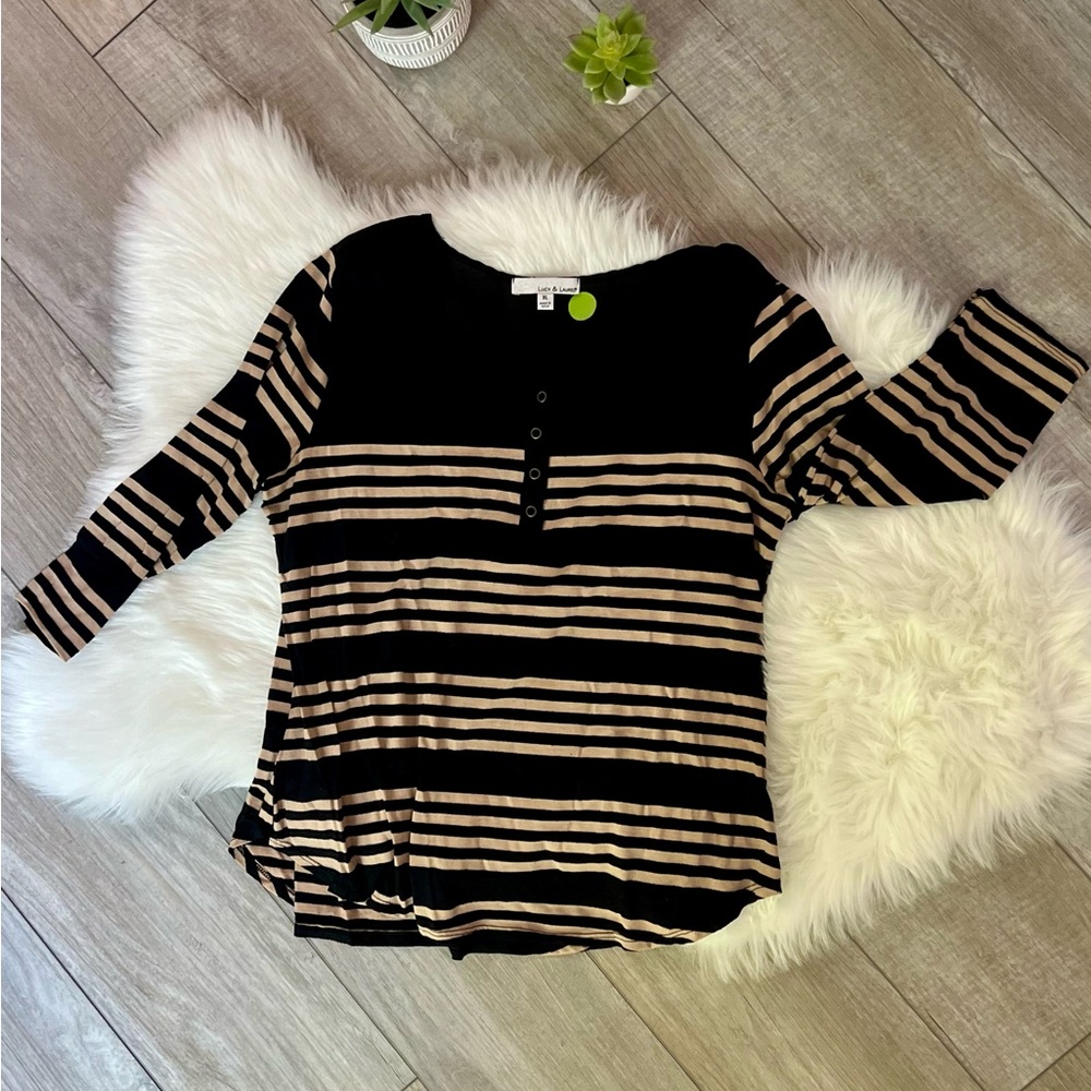 LUCY & LAUREL | Striped Henley 3/4 Sleeve Blouse (XL)